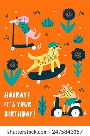 Greeting Birthday Card Dogs on Vehicles scooter, skateboard, moped. Vector Celebration Design Postcard