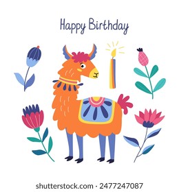 Greeting birthday card with funny funky lama with colorful flowers and candle. Vector illustration in flat style and happy birthday hand drawn lettering