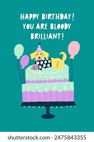 Greeting Birthday Card Happy Dog with Cake and Balloon. Vector Celebration Design Postcard