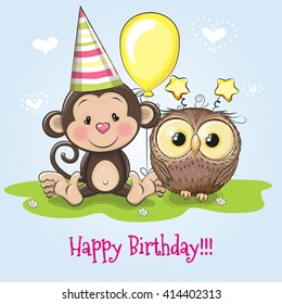 Greeting Birthday card with monkey and owl