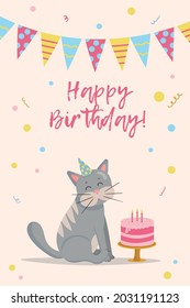 Greeting birthday card template. Celebration cake with color garland flags, cute cat in party hat and confetti on pastel background.