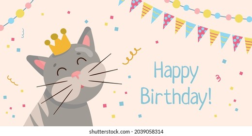 Greeting birthday card template. Color garland flags, cute cat in crown and confetti on pastel background.