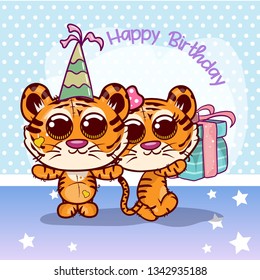 Greeting birthday card with two cute tigers. Can be used for baby t-shirt print, fashion print design, kids wear, baby shower celebration, greeting and invitation card. - Vector