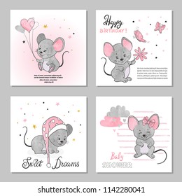 Greeting Birthday cards set with cute little mouse. Vector illustration.