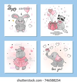 Greeting birthday cards set with cute little animals. Vector illustration.