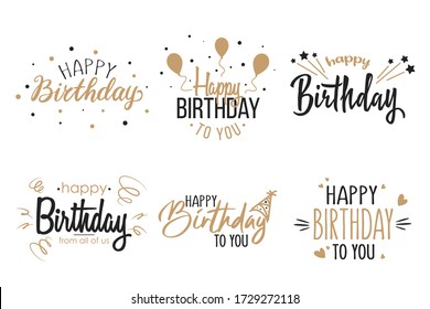 Greeting birthday party calligraphy flat icon collection. Isolated handwritten black and gold inscriptions vector illustration set. Happy birthday celebration concept