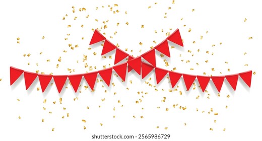 Greeting or Birthday party invitation with carnival, bunting flag garlands. Part decorating concept with colorful hanging above. Happy birthday. with copy space for your text.