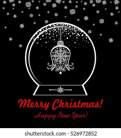 Greeting black and white card with xmas globe with hanging vintage cut out bell