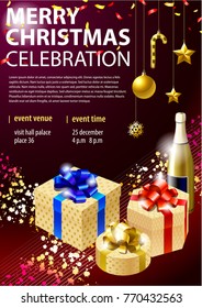 Greeting blank template for new year on christmas holiday. New Year's accessories, gift boxes and sparks are in the composition.