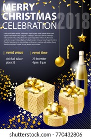 Greeting blank template for new year on christmas holiday. New Year's accessories, gift boxes and sparks are in the composition.