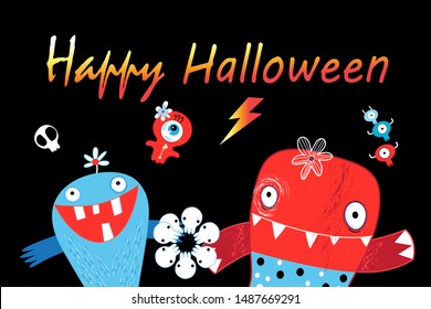 Greeting bright vector card with funny monsters on a dark background for Halloween. Design for halloween holiday.
