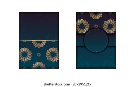 Greeting Brochure template with gradient blue color with vintage gold ornament ready for printing.