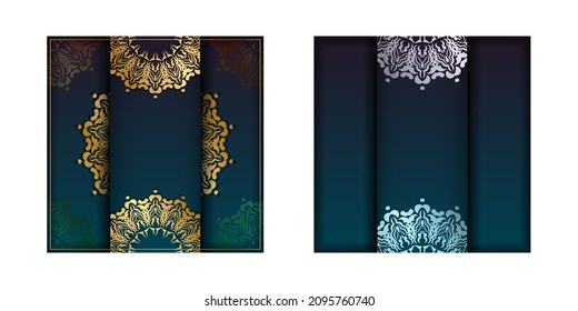 Greeting Brochure template with gradient blue color with vintage gold pattern ready for printing.