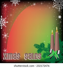 Greeting with burning candles, green bow, fir branches, snowflakes and the text xmas sale written lower