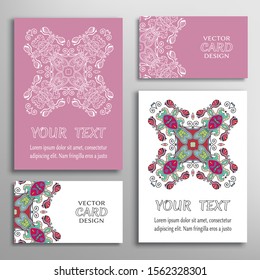 Greeting and business cards set. Isolated doodle mandala ornament with geometric, floral elements. Colorful and monochrome round pattern. Design for logo, icon, label, emblem. Tribal ethnic decoration
