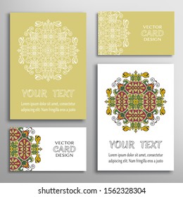 Greeting and business cards set. Isolated doodle mandala ornament with geometric, floral elements. Colorful and monochrome round pattern. Design for logo, icon, label, emblem. Tribal ethnic decoration