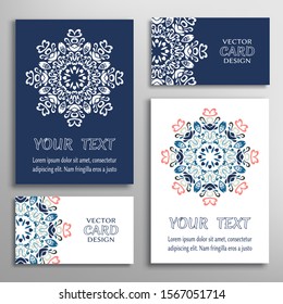 Greeting and business cards set. Isolated doodle mandala ornament with geometric, floral elements. Colorful and monochrome round pattern. Design for logo, icon, label, emblem. Tribal ethnic decoration