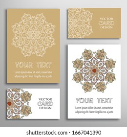 Greeting and business cards set. Isolated doodle mandala ornament with geometric, floral elements. Colorful and monochrome round pattern. Design for logo, icon, label, emblem. Tribal ethnic decoration