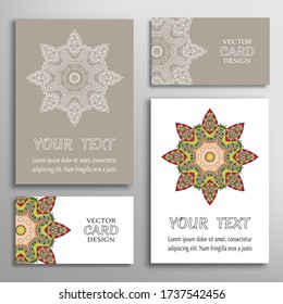 Greeting and business cards set. Isolated doodle mandala ornament with geometric, floral elements. Colorful and monochrome round pattern. Design for logo, icon, label, emblem. Tribal ethnic decoration