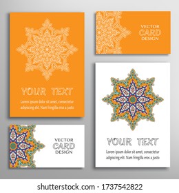 Greeting and business cards set. Isolated doodle mandala ornament with geometric, floral elements. Colorful and monochrome round pattern. Design for logo, icon, label, emblem. Tribal ethnic decoration