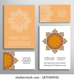 Greeting and business cards set. Isolated doodle mandala ornament with geometric, floral elements. Colorful and monochrome round pattern. Design for logo, icon, label, emblem. Tribal ethnic decoration