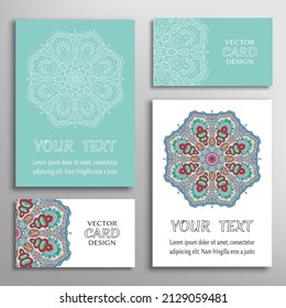 Greeting and business cards set. Isolated doodle mandala ornament with geometric, floral elements. Colorful and monochrome round pattern. Design for logo, icon, label, emblem. Tribal ethnic decoration
