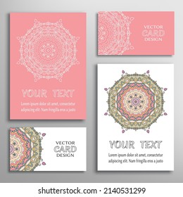 Greeting and business cards set. Isolated doodle mandala ornament with geometric, floral elements. Colorful and monochrome round pattern. Design for logo, icon, label, emblem. Tribal ethnic decoration