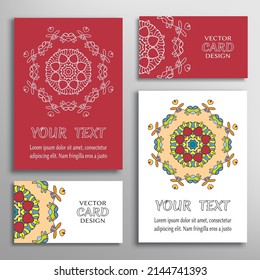 Greeting and business cards set. Isolated doodle mandala ornament with geometric, floral elements. Colorful and monochrome round pattern. Design for logo, icon, label, emblem. Tribal ethnic decoration