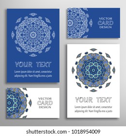 Greeting and business cards set. Mandala sign symbol, geometric floral round ornament. Colorful and lace pattern. Isolated design elements for logo, icon, label, emblem. Tribal ethnic decoration
