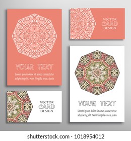 Greeting and business cards set. Mandala sign symbol, geometric floral round ornament. Colorful and lace pattern. Isolated design elements for logo, icon, label, emblem. Tribal ethnic decoration