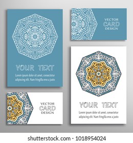 Greeting and business cards set. Mandala sign symbol, geometric floral round ornament. Colorful and lace pattern. Isolated design elements for logo, icon, label, emblem. Tribal ethnic decoration