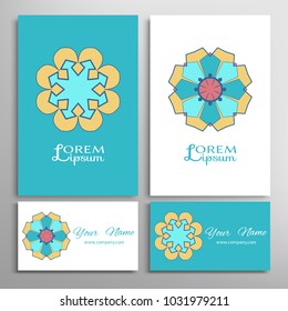 Greeting and business cards set. Mandala sign symbol, geometric floral round ornament. Colorful and white lace pattern. Isolated design elements for logo, icon, label, emblem. Tribal ethnic decoration