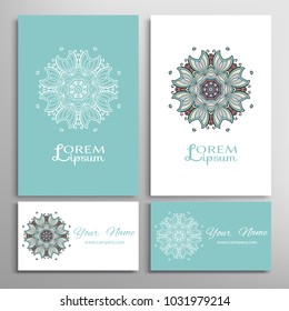 Greeting and business cards set. Mandala sign symbol, geometric floral round ornament. Colorful and white lace pattern. Isolated design elements for logo, icon, label, emblem. Tribal ethnic decoration