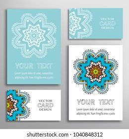 Greeting and business cards set. Mandala sign symbol, geometric floral round ornament. Colorful and lace pattern. Isolated design elements for logo, icon, label, emblem. Tribal ethnic decoration