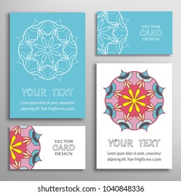 Greeting and business cards set. Mandala sign symbol, geometric floral round ornament. Colorful and lace pattern. Isolated design elements for logo, icon, label, emblem. Tribal ethnic decoration