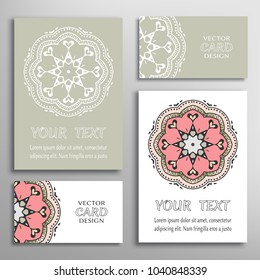 Greeting and business cards set. Mandala sign symbol, geometric floral round ornament. Colorful and lace pattern. Isolated design elements for logo, icon, label, emblem. Tribal ethnic decoration