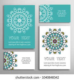 Greeting and business cards set. Mandala sign symbol, geometric floral round ornament. Colorful and lace pattern. Isolated design elements for logo, icon, label, emblem. Tribal ethnic decoration