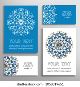 Greeting and business cards set. Mandala symbol, floral round ornament. Colorful and white doodle geometric pattern. Isolated design elements for logo, icon, label, emblem. Tribal ethnic decoration