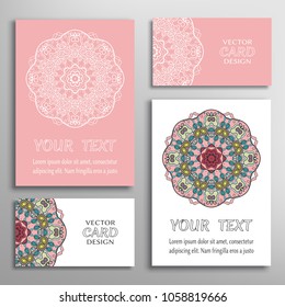 Greeting and business cards set. Mandala symbol, floral round ornament. Colorful and white doodle geometric pattern. Isolated design elements for logo, icon, label, emblem. Tribal ethnic decoration