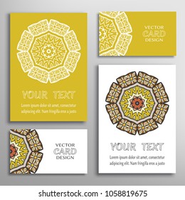 Greeting and business cards set. Mandala symbol, floral round ornament. Colorful and white doodle geometric pattern. Isolated design elements for logo, icon, label, emblem. Tribal ethnic decoration