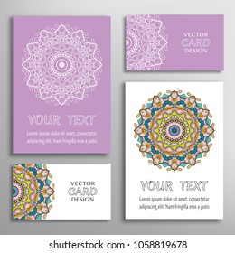 Greeting and business cards set. Mandala symbol, floral round ornament. Colorful and white doodle geometric pattern. Isolated design elements for logo, icon, label, emblem. Tribal ethnic decoration