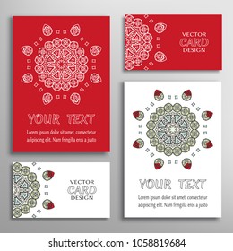Greeting and business cards set. Mandala symbol, floral round ornament. Colorful and white doodle geometric pattern. Isolated design elements for logo, icon, label, emblem. Tribal ethnic decoration
