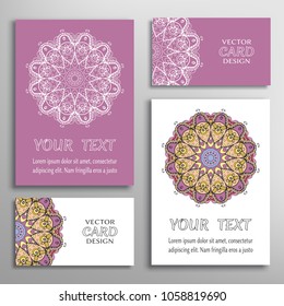 Greeting and business cards set. Mandala symbol, floral round ornament. Colorful and white doodle geometric pattern. Isolated design elements for logo, icon, label, emblem. Tribal ethnic decoration