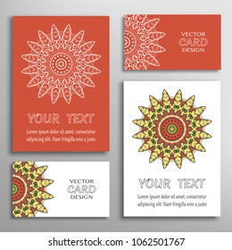 Greeting and business cards set. Mandala symbol, floral round ornament. Colorful and white doodle geometric pattern. Isolated design elements for logo, icon, label, emblem. Tribal ethnic decoration