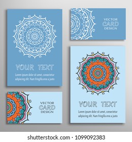 Greeting and business cards set. Mandala sign symbol, geometric floral round ornament. Colorful and lace pattern. Isolated design elements for logo, icon, label, emblem. Tribal ethnic decoration