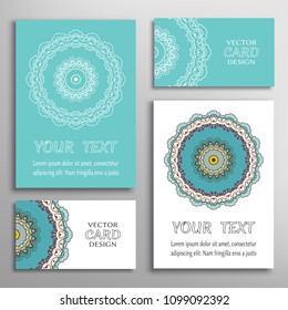 Greeting and business cards set. Mandala sign symbol, geometric floral round ornament. Colorful and lace pattern. Isolated design elements for logo, icon, label, emblem. Tribal ethnic decoration