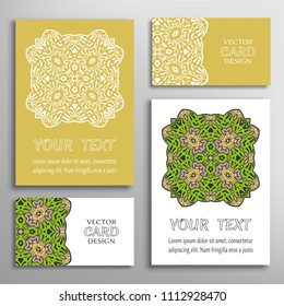 Greeting and business cards set. Mandala sign symbol, geometric floral round ornament. Colorful and lace pattern. Isolated design elements for logo, icon, label, emblem. Tribal ethnic decoration