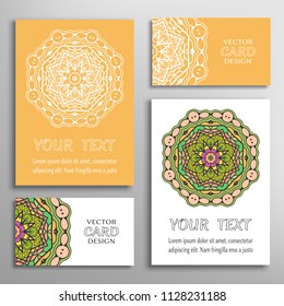 Greeting and business cards set. Mandala sign symbol, geometric floral round ornament. Colorful and lace pattern. Isolated design elements for logo, icon, label, emblem. Tribal ethnic decoration