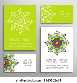 Greeting and business cards set. Mandala sign symbol, geometric floral round ornament. Colorful and lace pattern. Isolated design elements for logo, icon, label, emblem. Tribal ethnic decoration