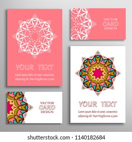 Greeting and business cards set. Mandala sign symbol, geometric floral round ornament. Colorful and lace pattern. Isolated design elements for logo, icon, label, emblem. Tribal ethnic decoration